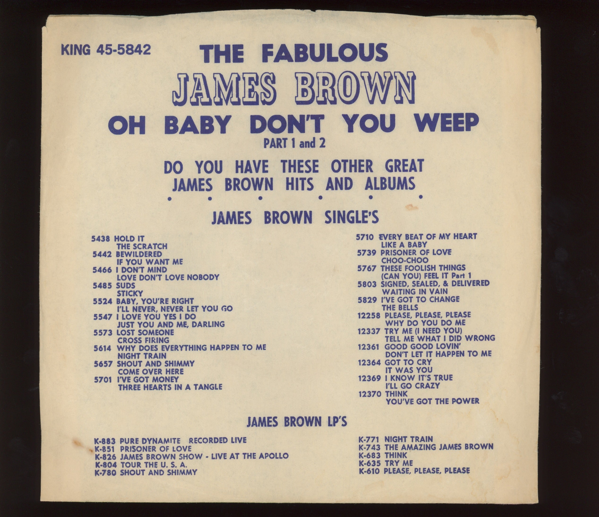 James Brown & The Famous Flames - Oh Baby Don't You Weep with Picture Sleeve