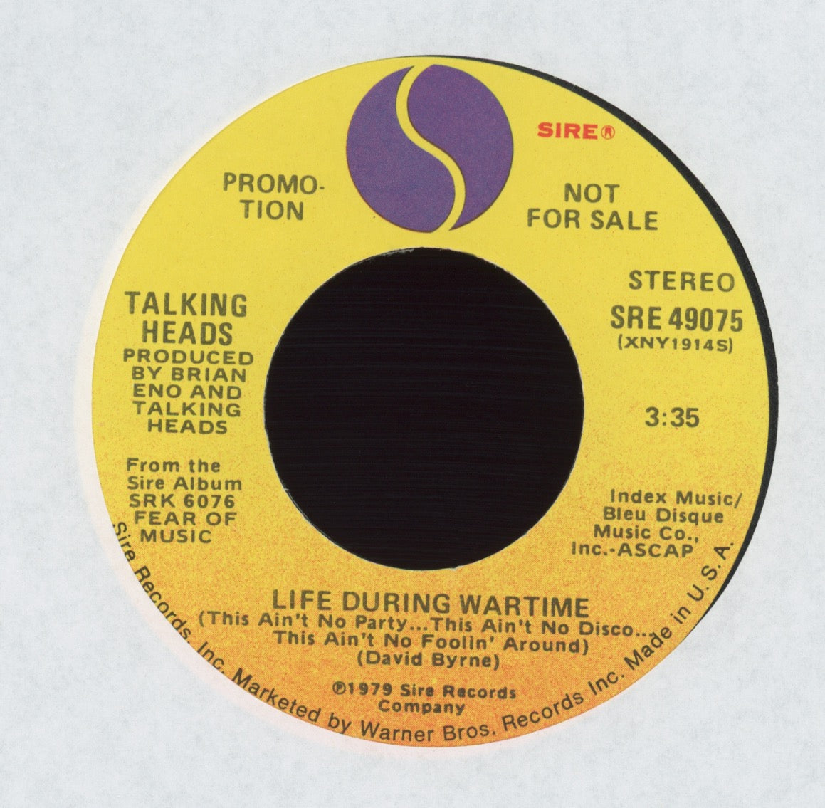 Talking Heads - Life During Wartime (This Ain't No Party...) on Sire Promo