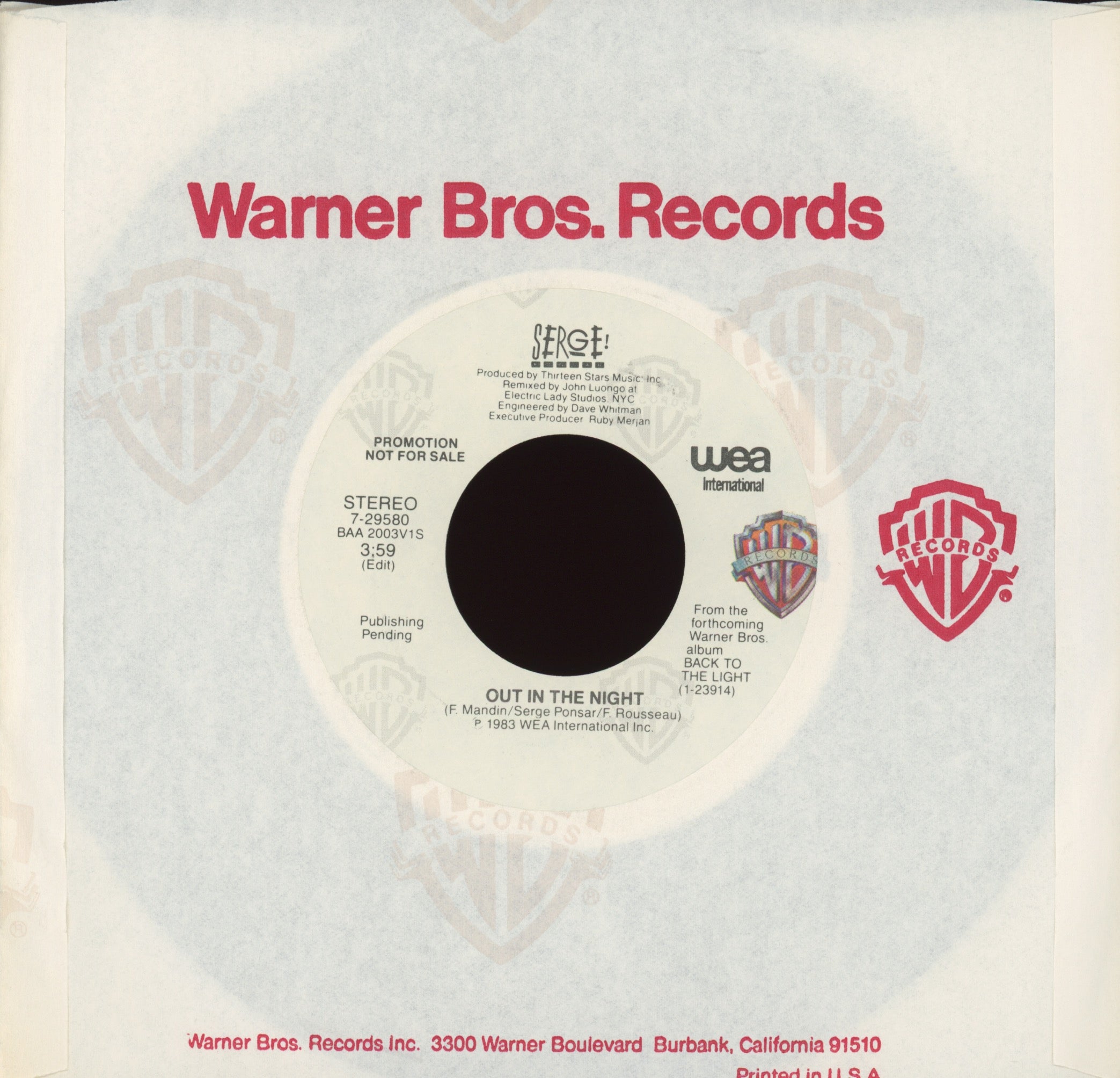 Serge Ponsar - Out In The Night on Warner Bros Promo