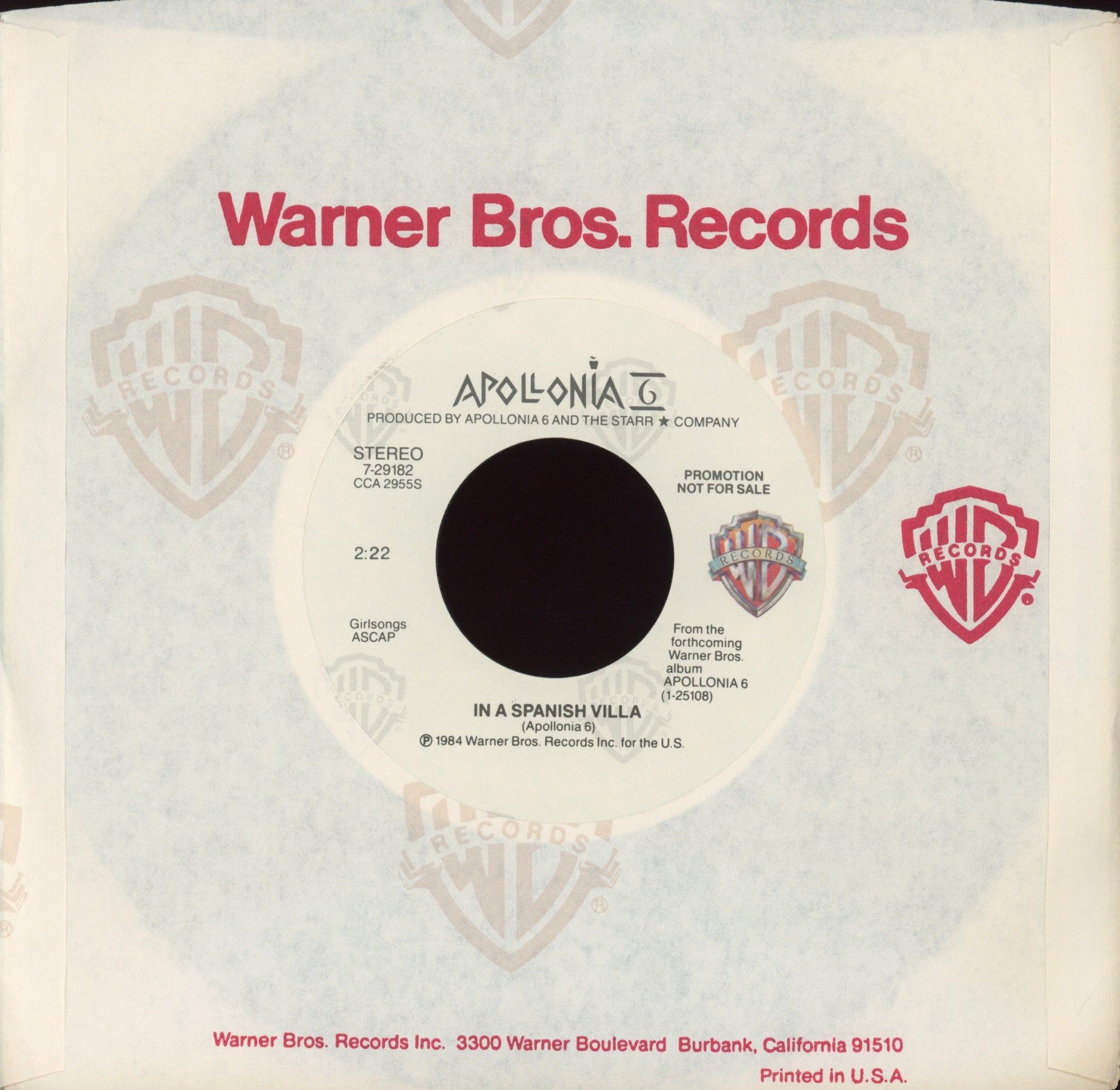 Apollonia 6 - Sex Shooter on Warner Bros Promo – Plaid Room Records