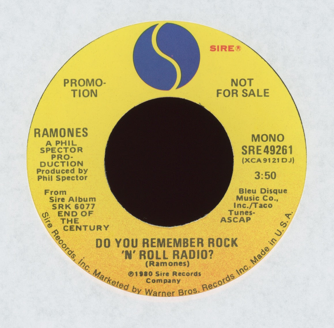 Ramones - Do You Remember Rock 'N' Roll Radio? on Sire Promo