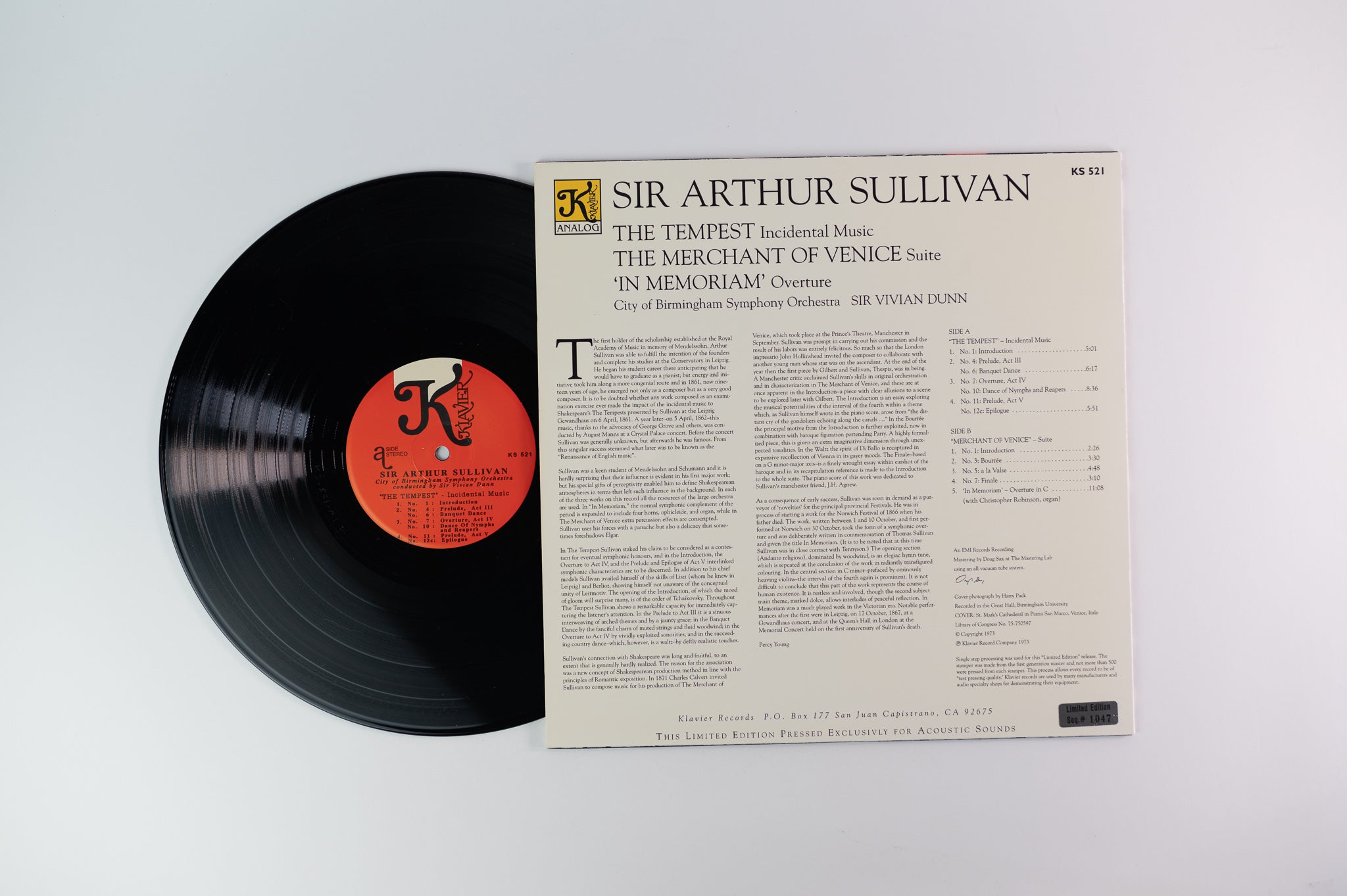 Sir Arthur Sullivan - The Merchant Of Venice Suite on Klavier Limited Numbered 180 Gram