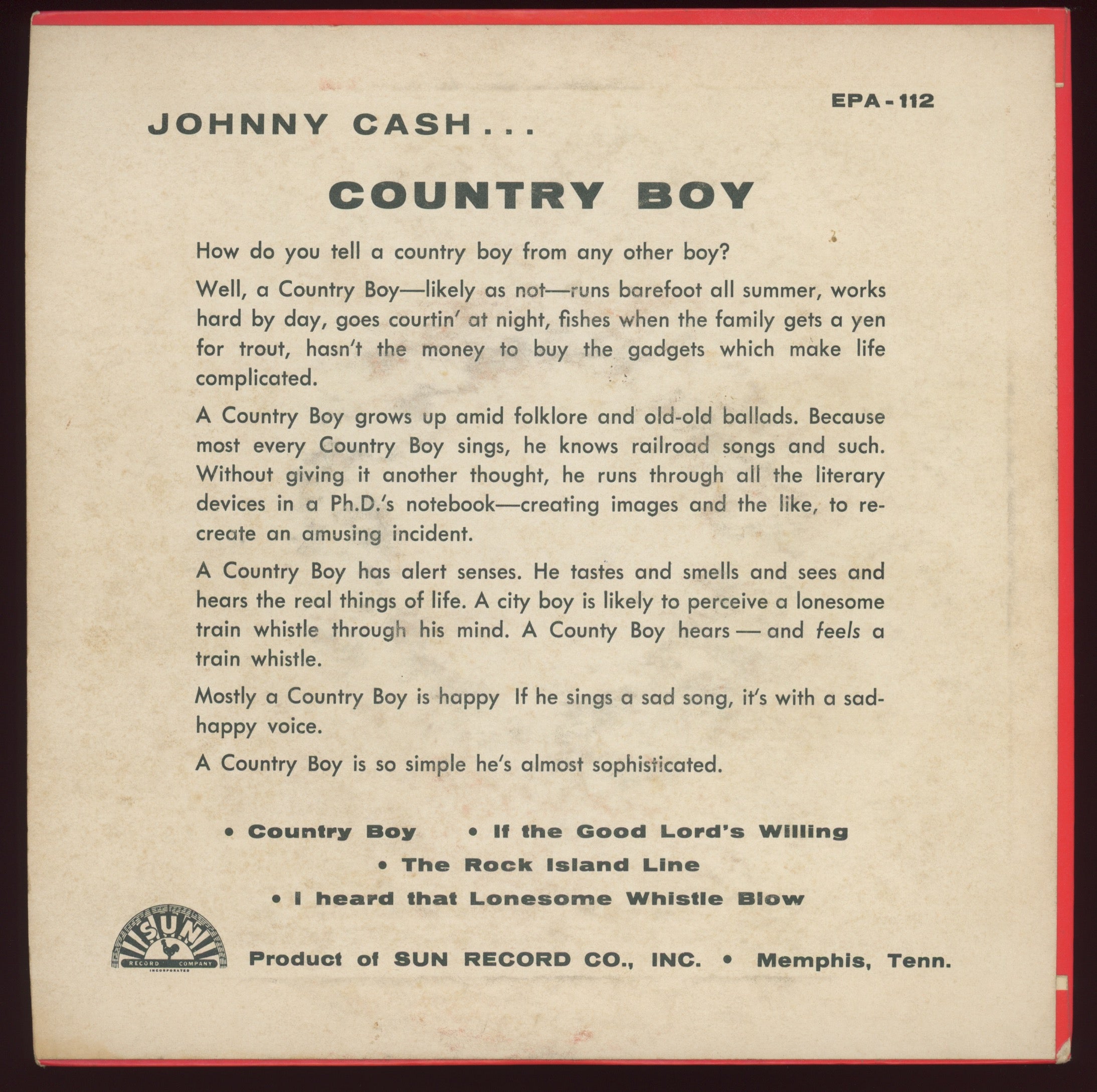 Johnny Cash - Country Boy on Sun EP 112 With Cover