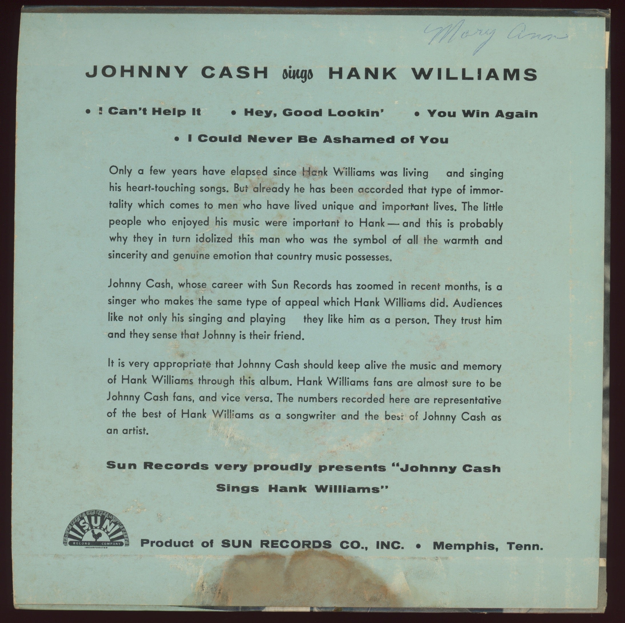 Johnny Cash - Johnny Cash Sings Hank Williams on Sun EP 111