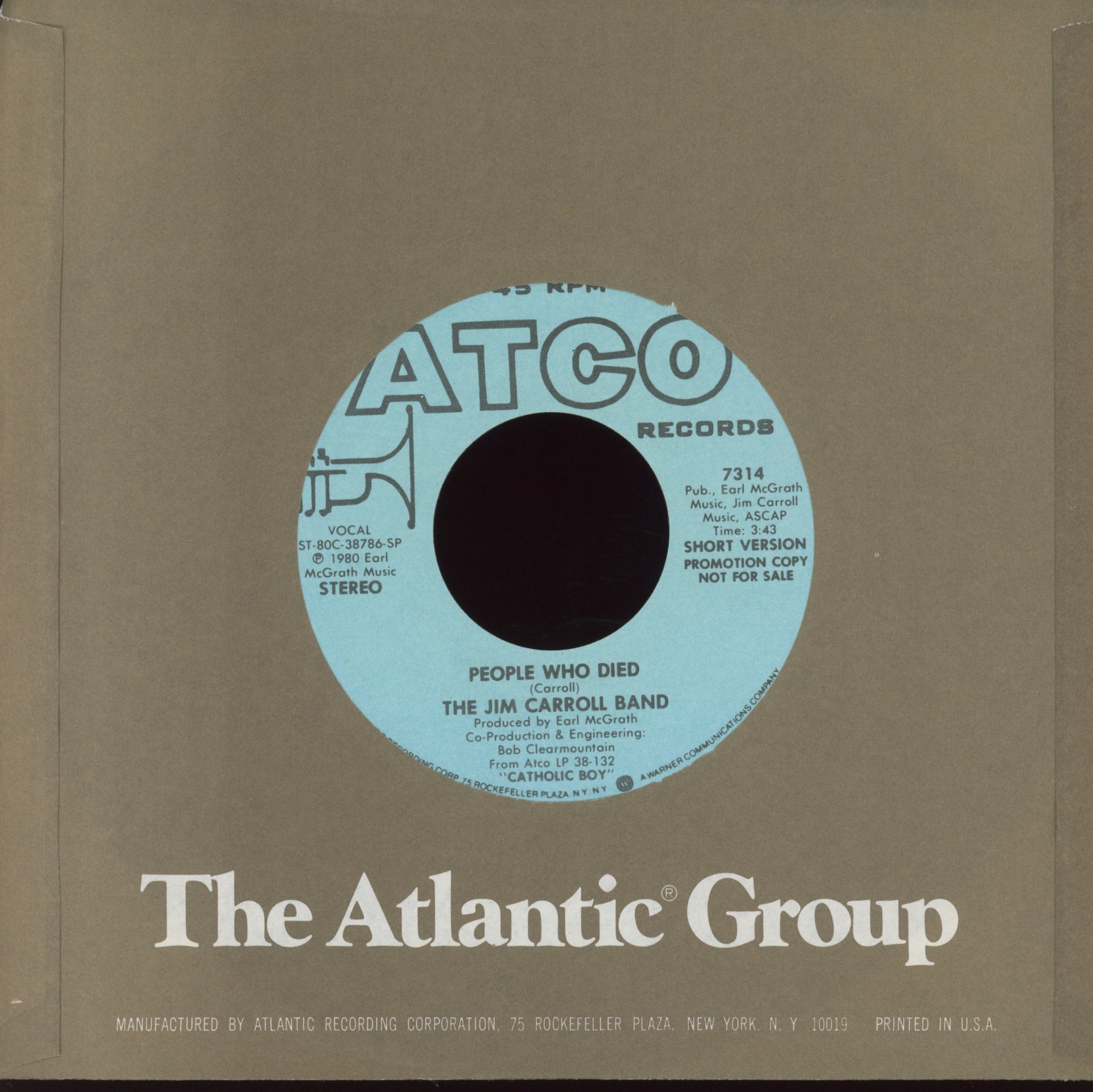 The Jim Carroll Band - People Who Died on Atlantic Promo 45