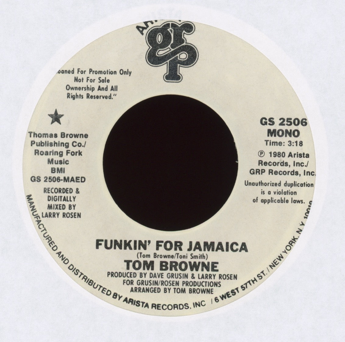 Tom Browne - Funkin' For Jamaica on GRP Arista Promo