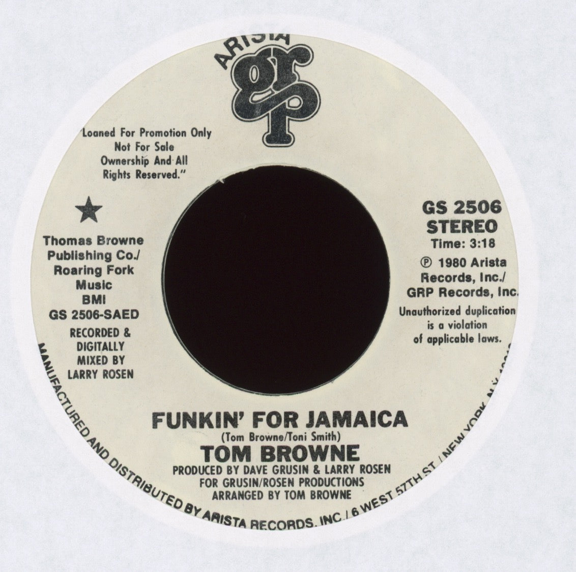 Tom Browne - Funkin' For Jamaica on GRP Arista Promo