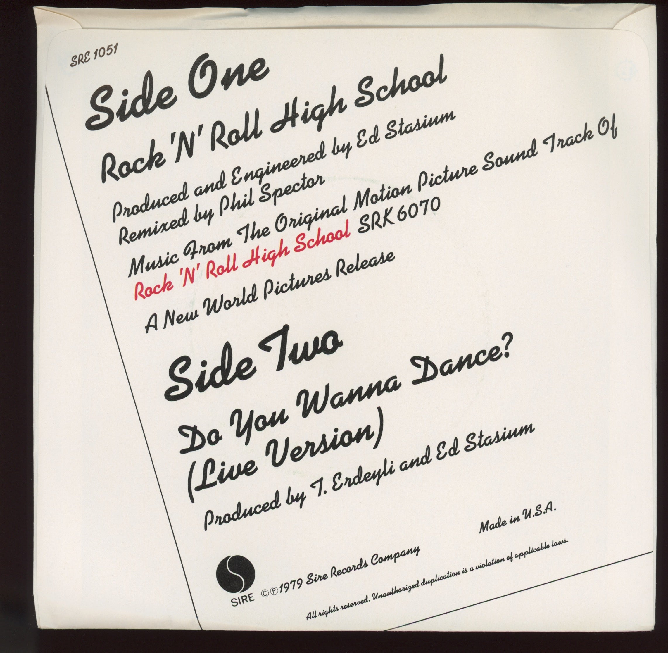 Ramones - Rock 'N' Roll High School on Sire Promo