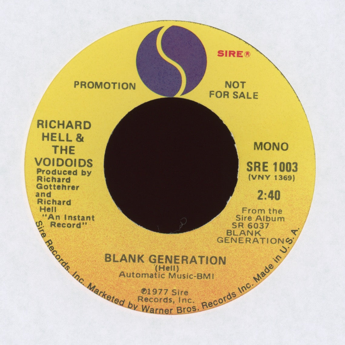 Richard Hell & The Voidoids - Blank Generation on Sire Promo