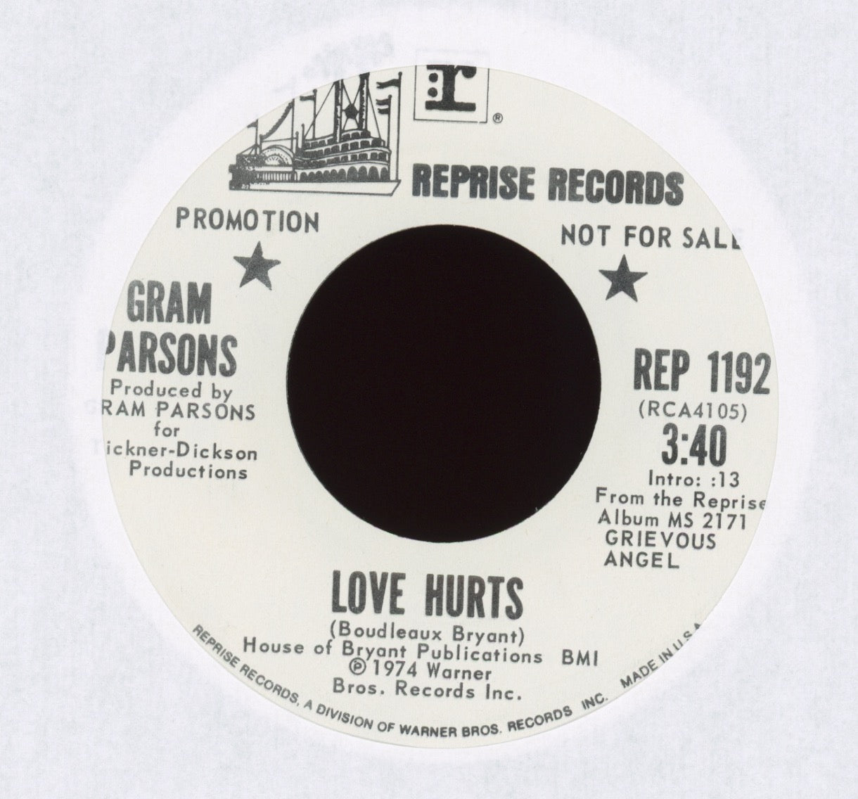 Gram Parsons - Love Hurts / In My Hour Of Darkness on Reprise Promo